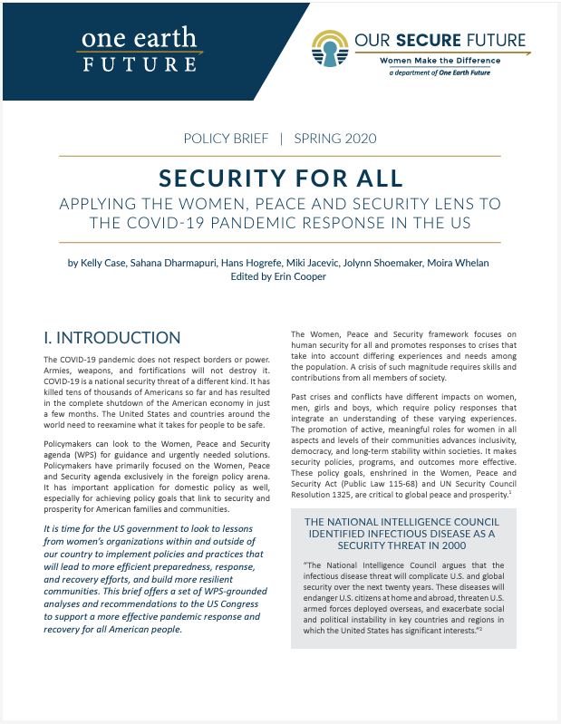 The 1st page of Our Secure Future's Policy Brief